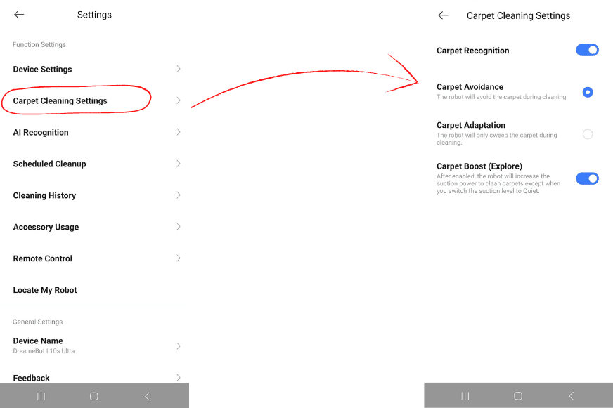Teppicheinstellungen werden in der Dreame L10s Ultra App festgelegt.